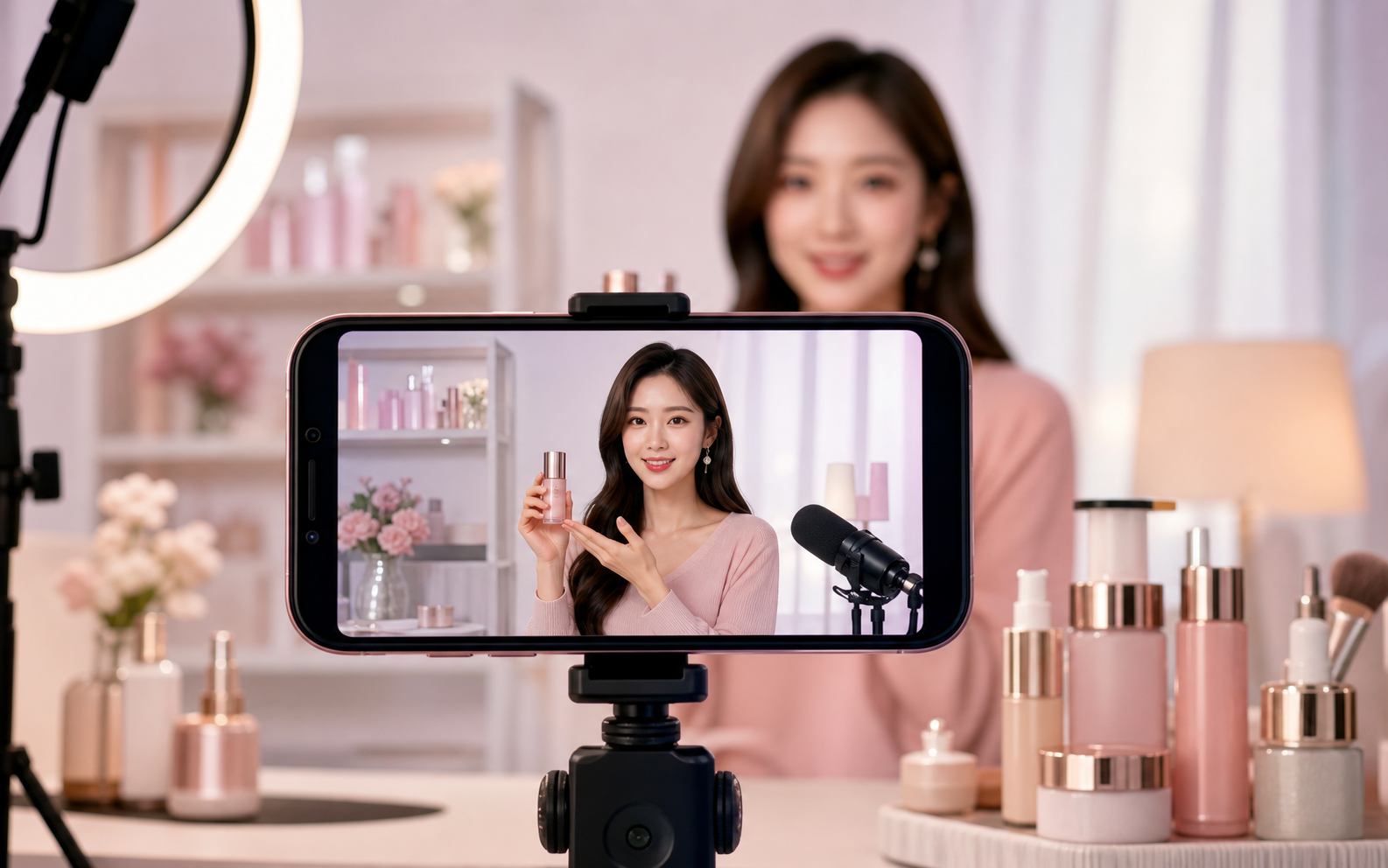Consistent AI livestream presenter in a branded studio setup